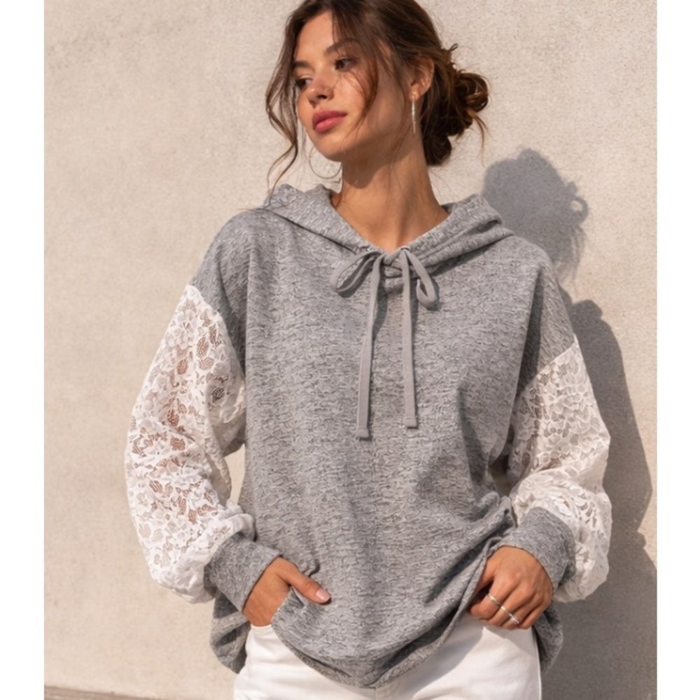 TORRID Gray Super Soft Lace Sleeve Drawstring Hoodie 00 NWOT